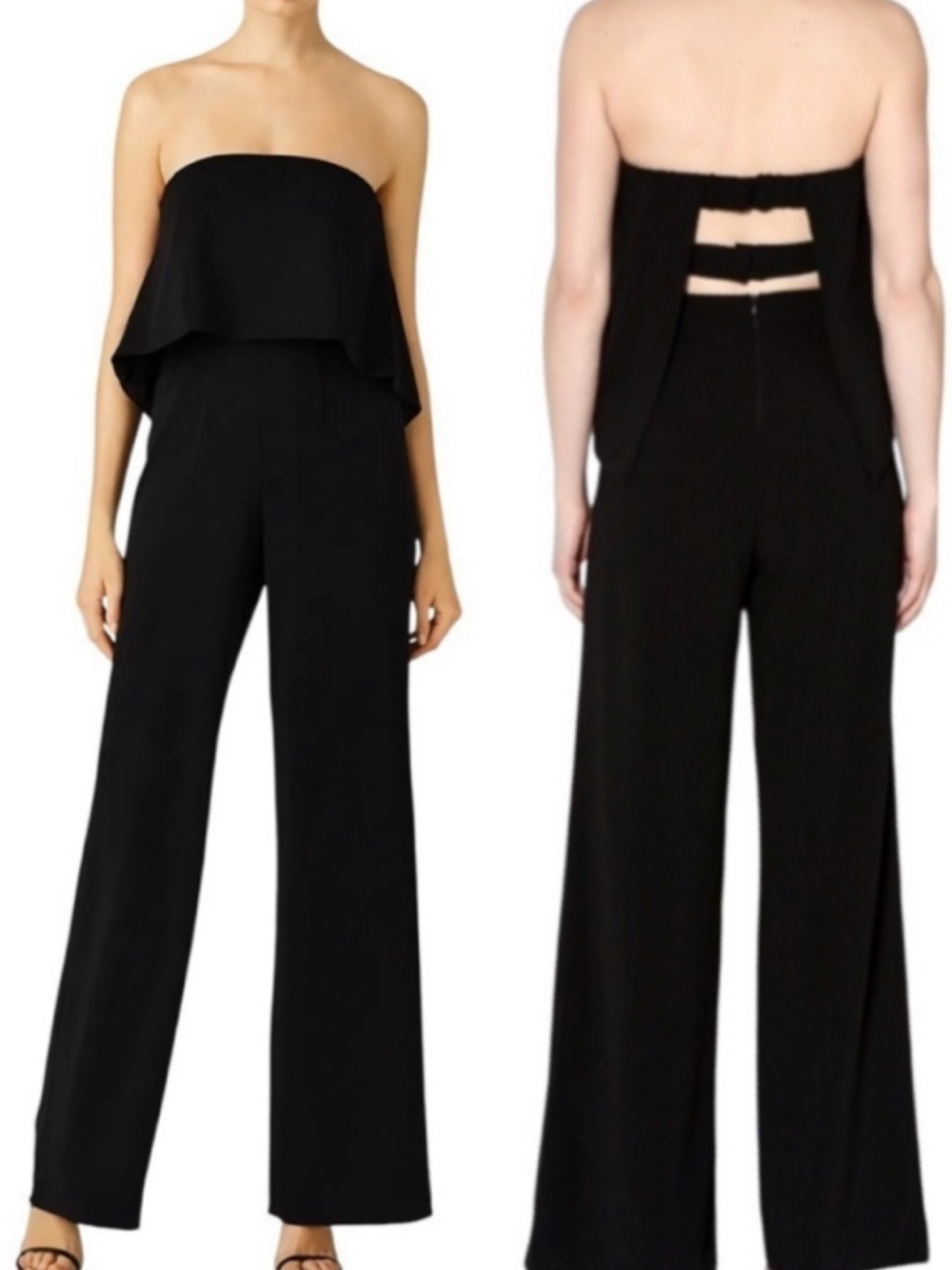 NWT DO+BE Black Strapless Overlay Front Ruffle Wide Leg Jumpsuit Black Size M